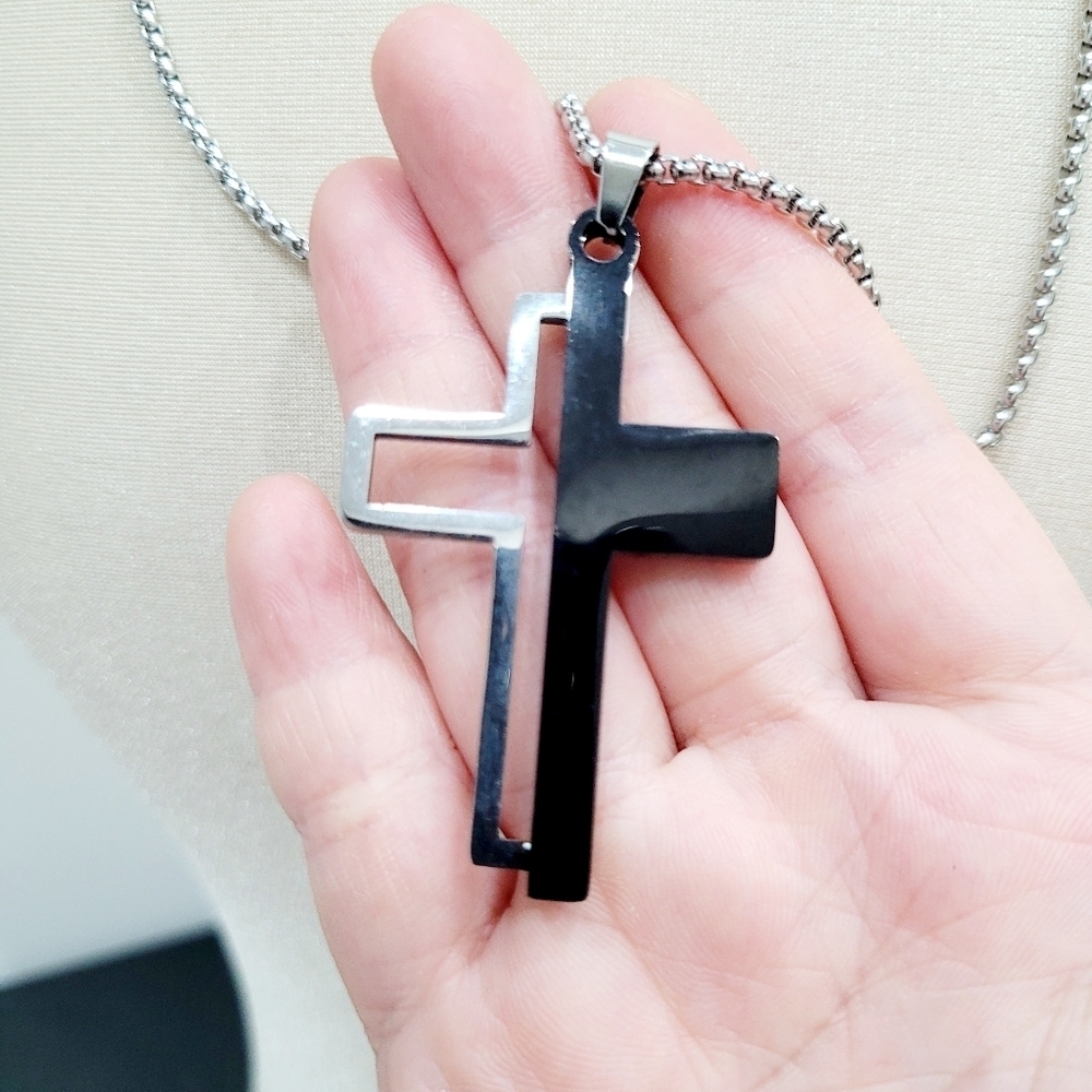 Brand New Stainless Steel Black & Silver Cross Necklace